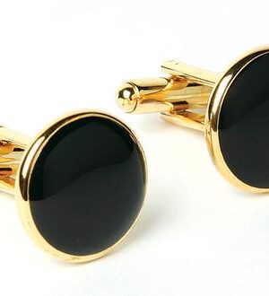 Basic 17mm Jet Black Round / Gold Cuff links/ Import / Gift Boxed