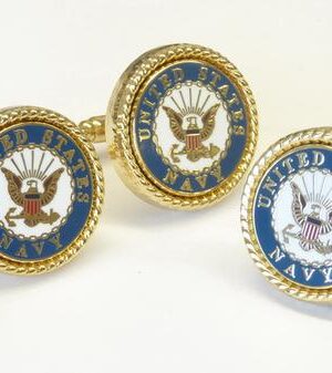 US NAVY EAGLE INSIGINA /BLUE BOARDER MILITARY LOGO / GOLD ROPE BEZEL CUFF LINKS + LAPEL PIN / Gift Boxed / Import